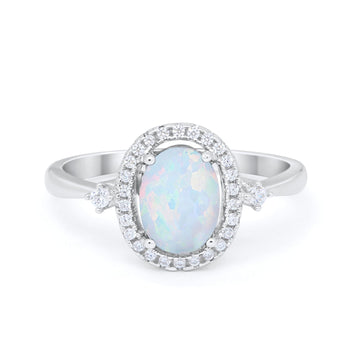Art Deco Engagement Ring Halo Oval Lab Created White Opal 925 Sterling Silver